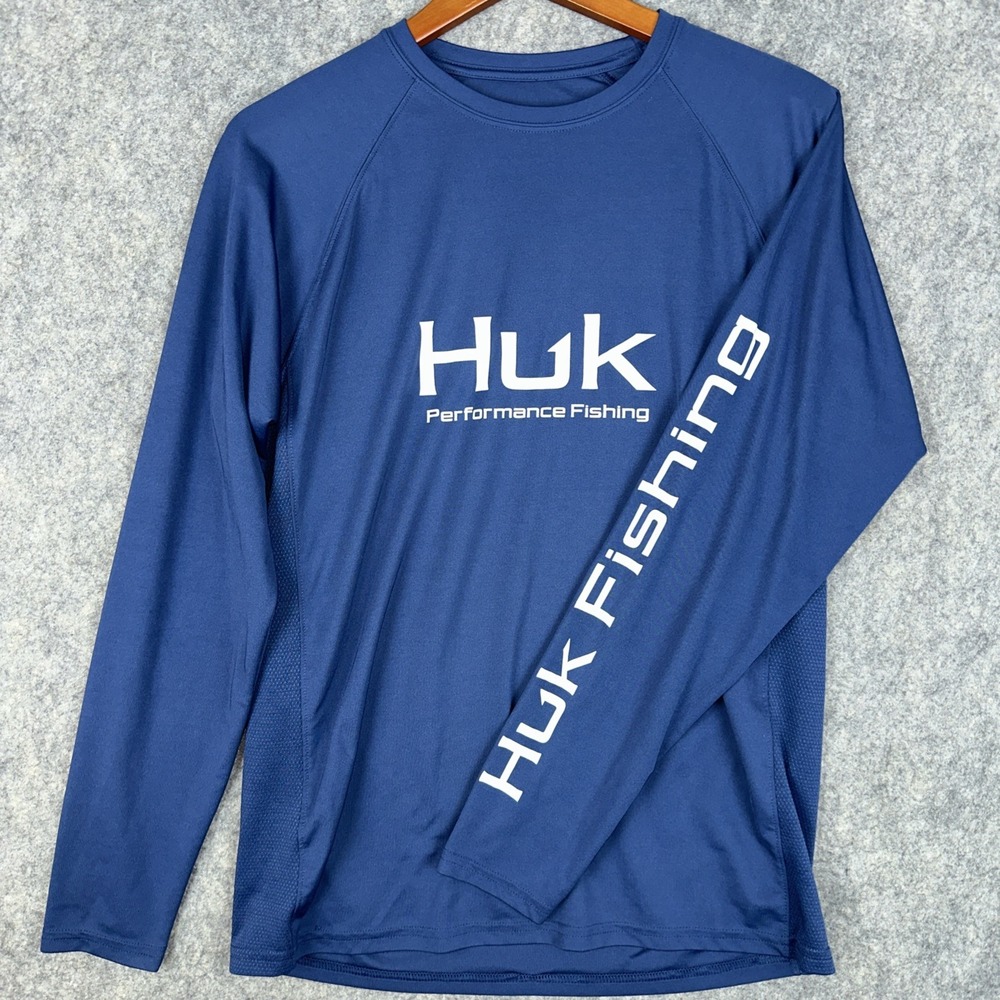 Huk Performance Fishing Shirt Mens Medium Blue Long Sleeve Lightweight Logo